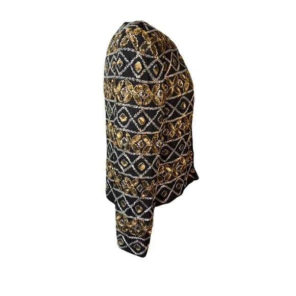 VTG Talbots‎ AJ Bari Beaded Sequin Silk Trophy Jacket Bronze Silver Black Large